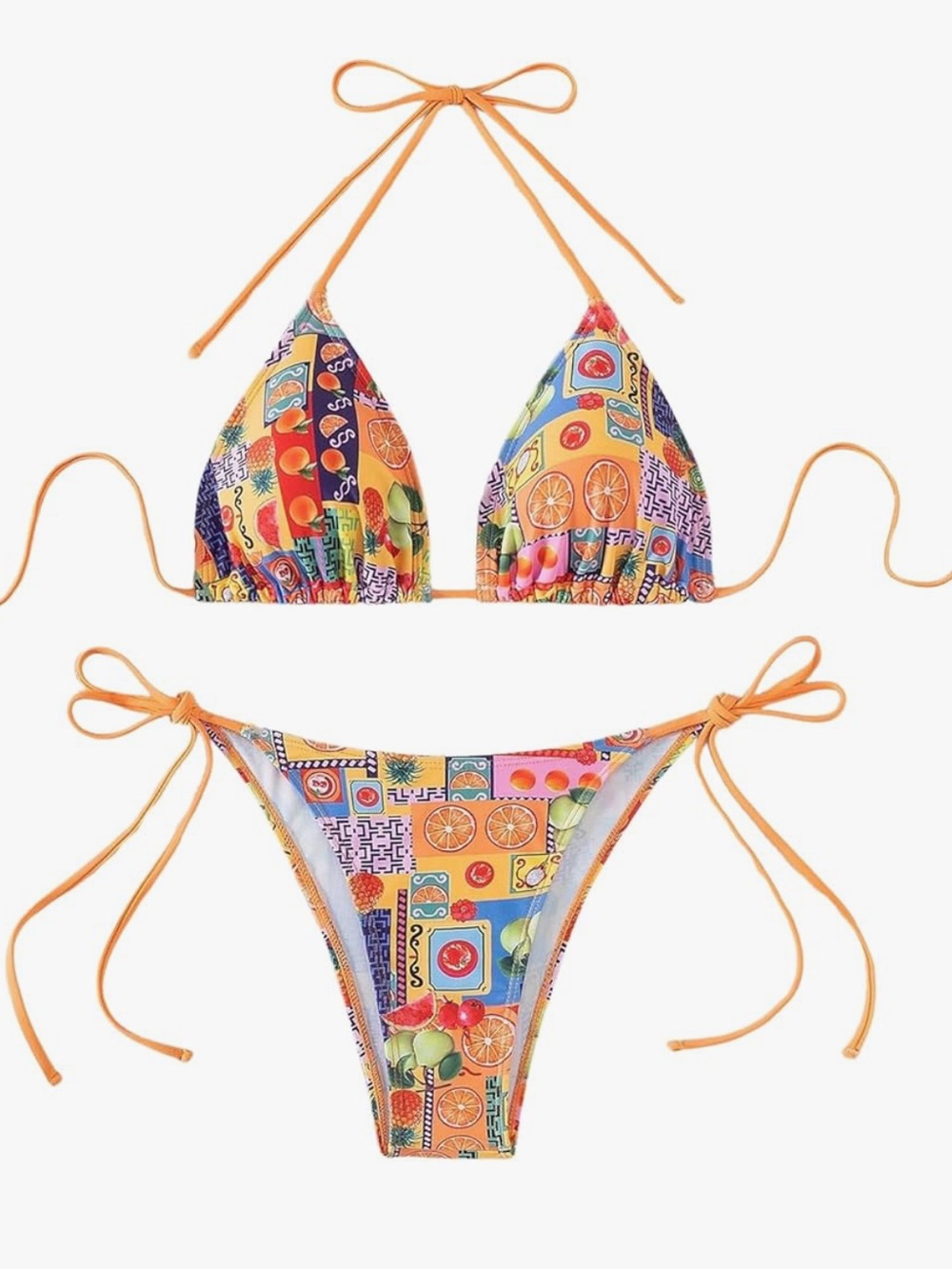 Orange Multi-Print Fruit Tie-Side String Bikini
